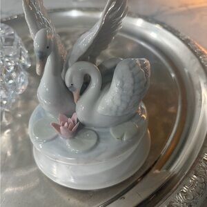 Graceful Swan Couple with Pink Lotus music figurine